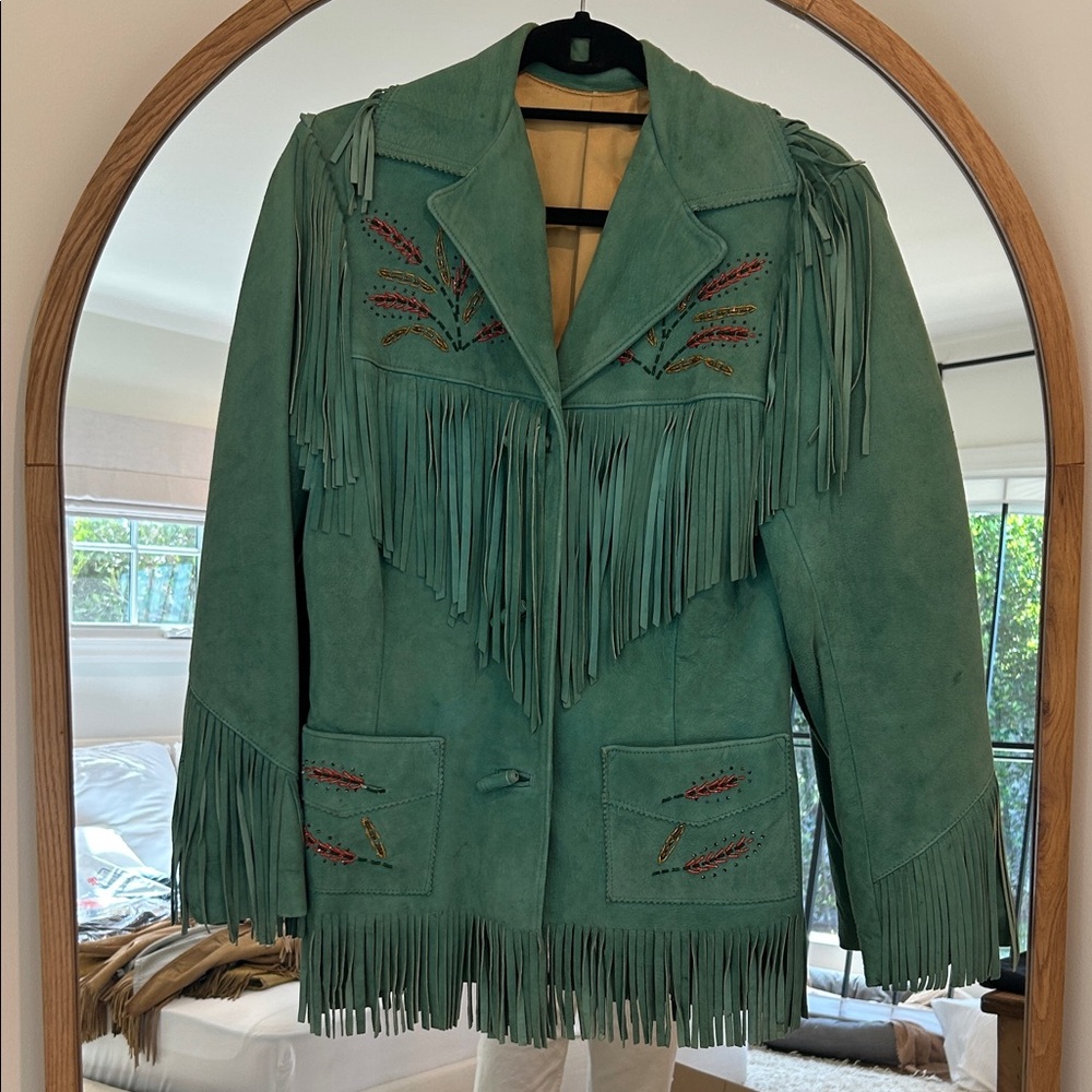 Turquoise suede  fringe beaded jacket
